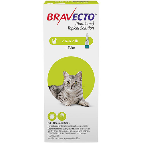 Bravecto Spot-On For Small Cats 2.6 Lbs - 6.2 Lbs (Green) 112.5 Mg 1 Pack-image-9729